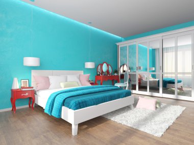 turquoise bedroom with dressing table and wardrobe clipart