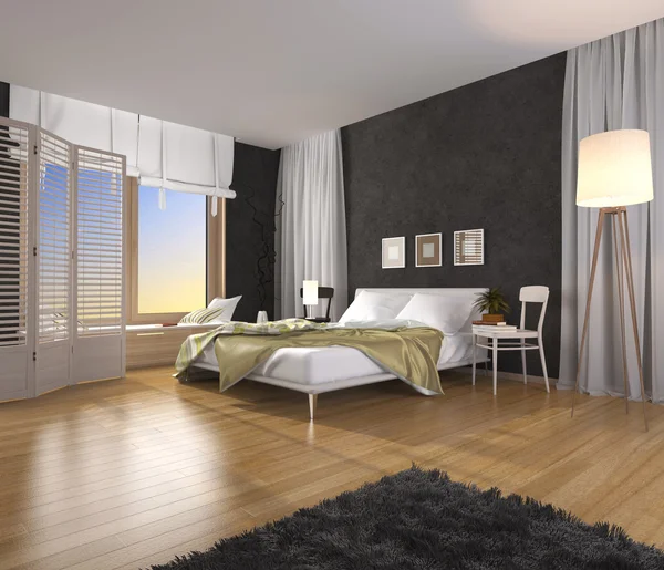 Interior de una habitación con una cama y una manta — Foto de Stock