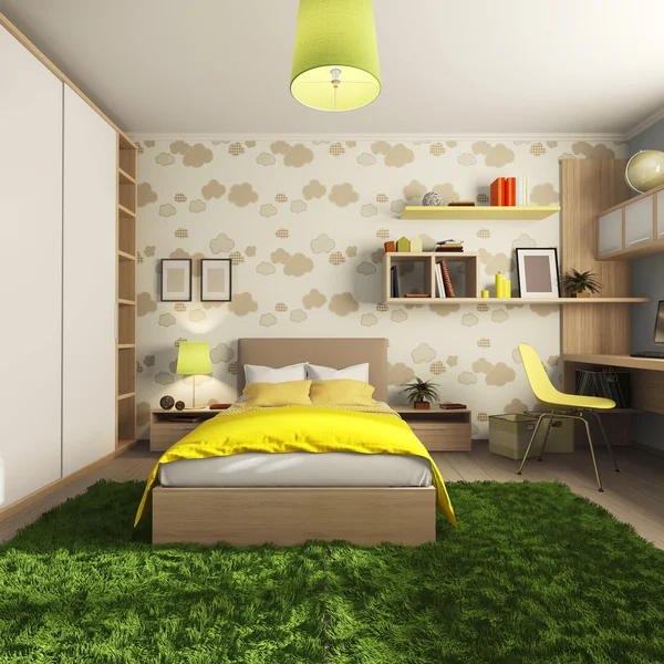 Habitación para un niño con un escritorio y armario y la cama — Foto de Stock