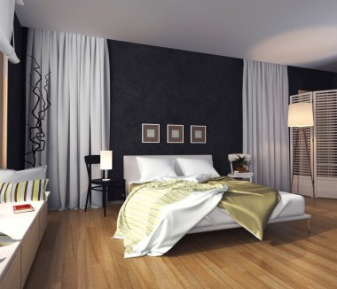 Modern interior of a bedroom with a bed and a blanket
