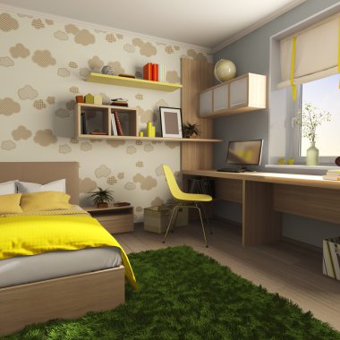 Bir masa ve yatak olan bir çocuk için Oda 
