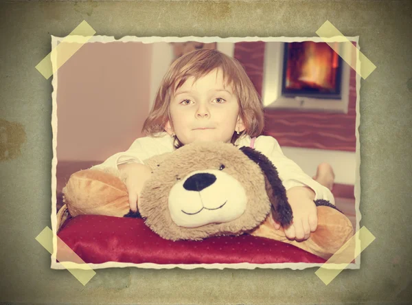 Vintage picture of girl with teddy bear — Stock Photo, Image