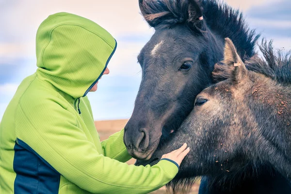 Kvinna med Isländska ponnyer — Stockfoto