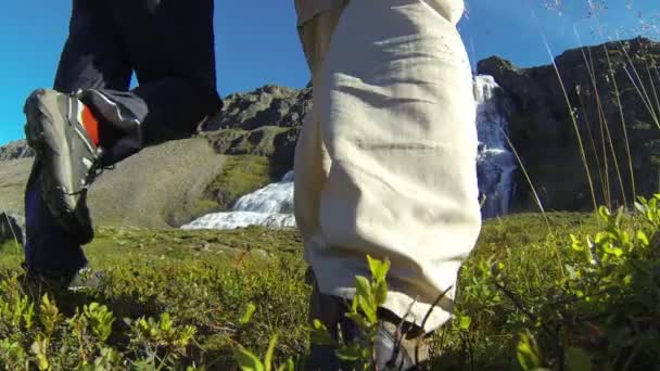 Touristenpaar am Wasserfall-Dynjandifoss — Stockvideo