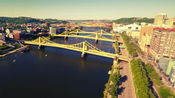 Ποταμός Allegheny και γέφυρες στο κέντρο του Πίτσμπουργκ — Αρχείο Βίντεο
