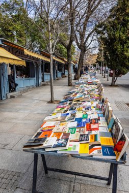 14 Mart 2025, Madrid, İspanya: Cuesta de Moyano - Madrid 'de tarihi bir açık hava kitabı pazarı