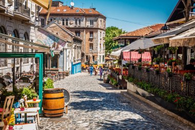 15 Haziran 2024, Belgrad, Sırbistan: Ünlü Skadarlija Caddesi - Belgrad, Sırbistan 'da popüler bir yemek mekanı