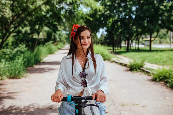 Cute Brunette Girl Rides Electrode Scooter Park She Wearing White — Stock Photo, Image