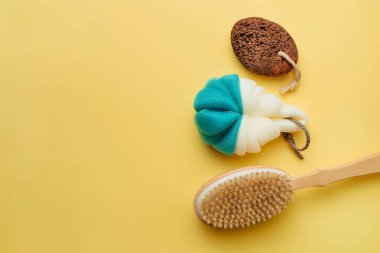 washcloth, bathing brush and heel foam. concept of accessories for shower, bath and spa salon