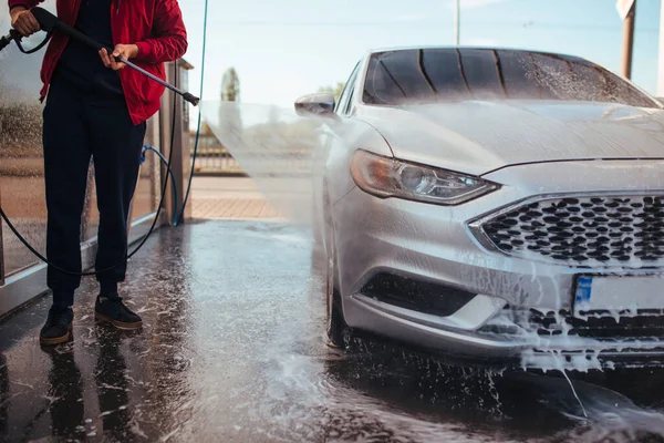 Man Washes Car Pistol Self Service Car Wash — Fotografia de Stock