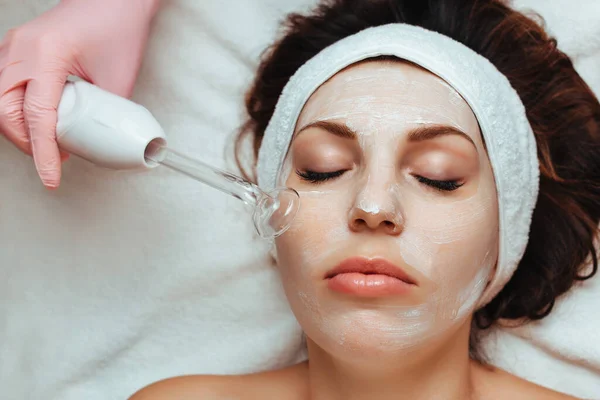 Vacuum Facial Massage Concept Cosmetology Spa Brunette Model — Zdjęcie stockowe