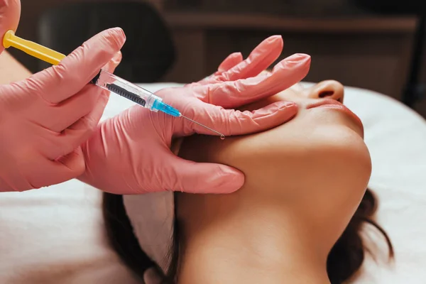 Doctor Gives Injection Woman Cheekbone Cosmetology Close — Zdjęcie stockowe