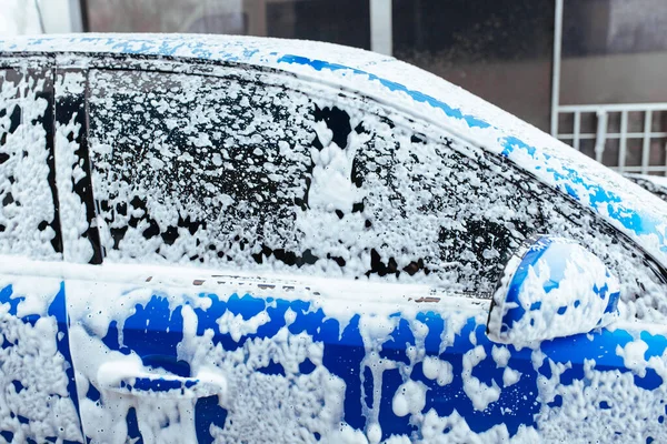 Soap Foam Drips Glass Self Service Car Wash — Fotografia de Stock