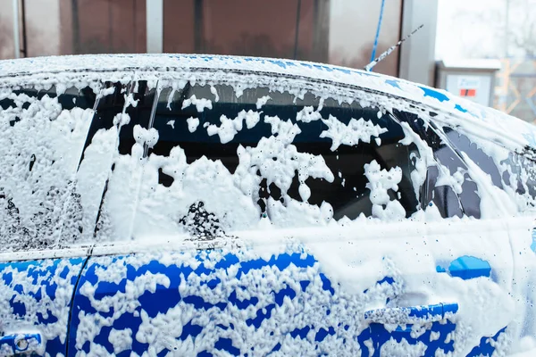 Soap Foam Drips Glass Self Service Car Wash — Fotografia de Stock