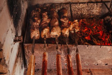 Kömürde ızgara et şiş. Açık hava eğlencesi ve ulusal Gürcistan mutfağı kavramı