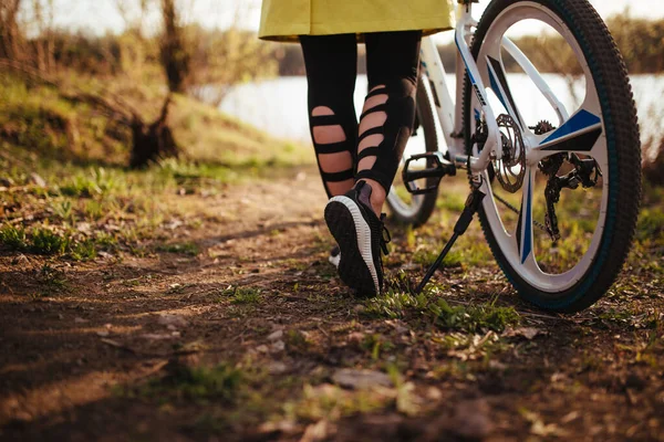 Woman Bike Yellow Raincoat Forest Sport Recreation Concept — Zdjęcie stockowe