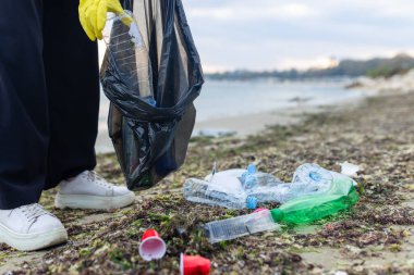 Plaj temizliği sırasında plastik atık toplayan, çöpleri temizleyen ve kıyı şeridini koruyan gönüllü.