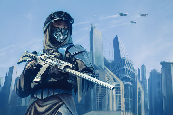 Futuristic warrior with weapons — Stock Photo, Image