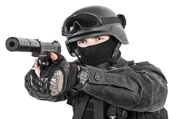 Policial da SWAT com pistola — Fotografia de Stock