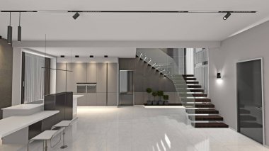 Modern ışık mutfağının 3 boyutlu görüntülemesi.