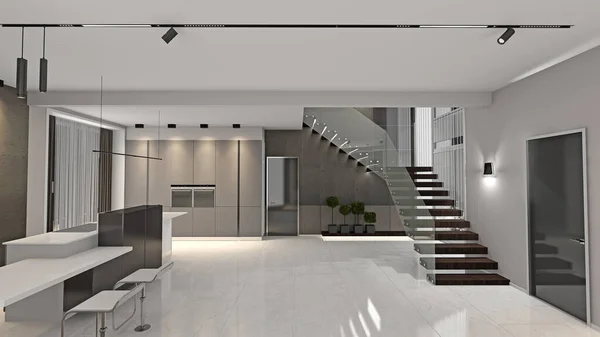 Interieur Van Moderne Lichte Keuken Rendering — Stockfoto