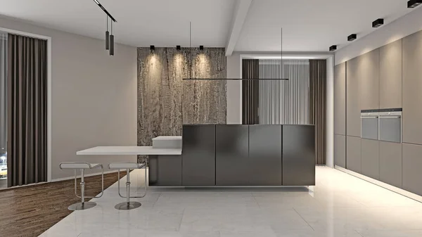 Interior Modern Light Kitchen Rendering Stock Picture