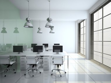 Modern ofis iç cam duvar 3d render ile
