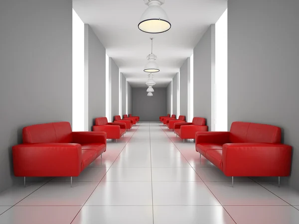 Абстрактный зал с красной стеной дивана 3D-рендеринг — стоковое фото