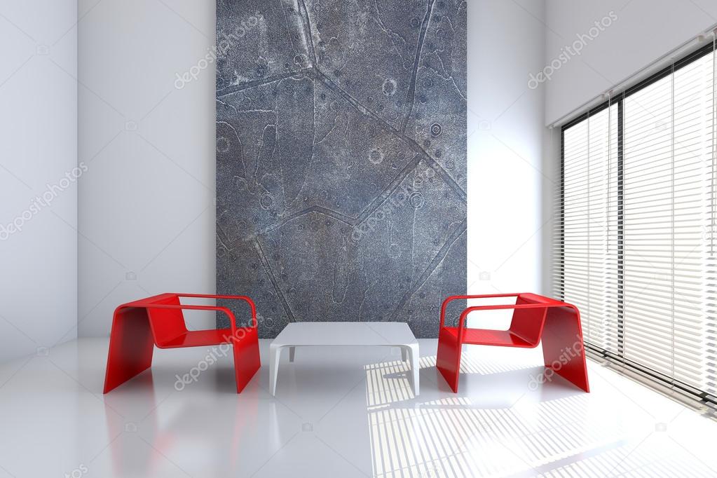 Chair and a table in an empty interior 3D rendering