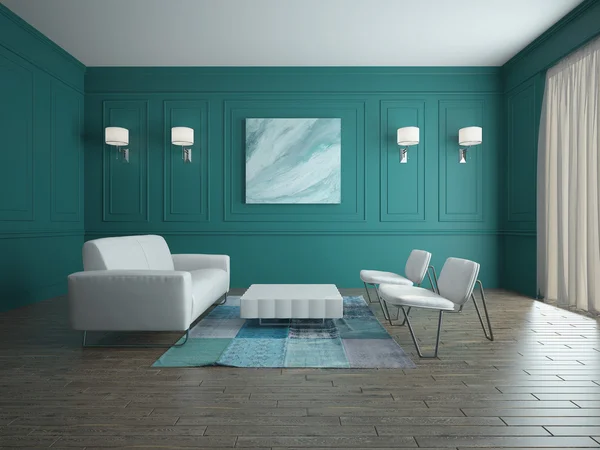 Sedia e tavolo in un interno vuoto rendering 3D Immagine Stock