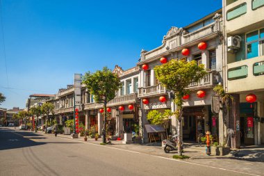 Janyary 13, 2021: Xiluo, Yunlin, Tayvan 'daki Yanping eski caddesi. Burası bir zamanlar Xiluo Köprüsü inşaat projesi nedeniyle hareketli bir ticaret merkeziydi. O zamanlar birçok barok tarzı ev inşa edilmişti..