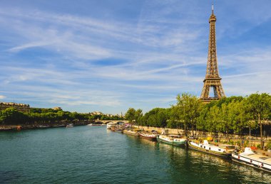Paris, Fransa 'daki Seine Nehri' nin sol kıyısında Eyfel Kulesi
