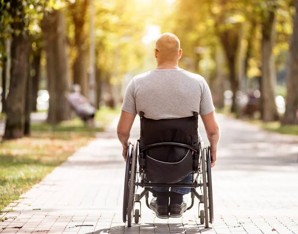 Handicapped man in wheelchair walk at the park alley