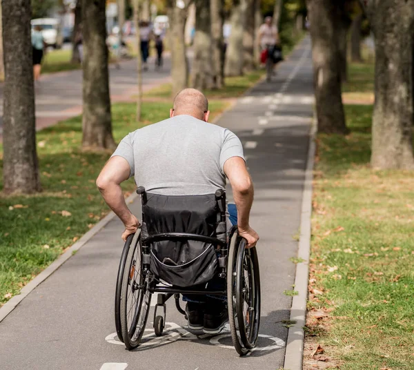 Tekerlekli sandalyedeki engelli adam parkta yürüyor. — Stok fotoğraf