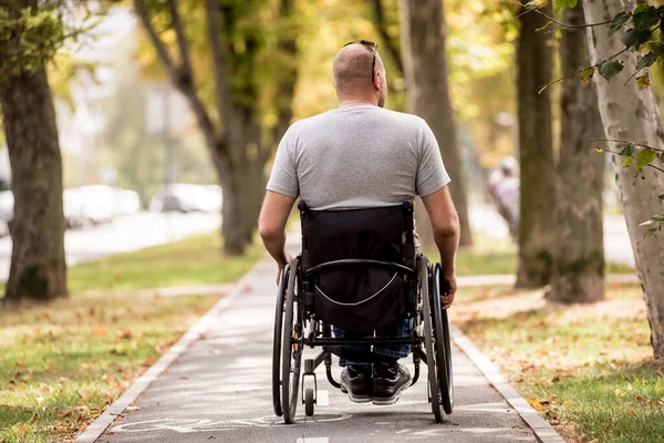 Handicapped man in wheelchair walk at the park alley