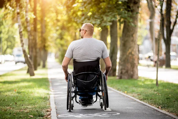 Handicapped man in wheelchair walk at the park alley