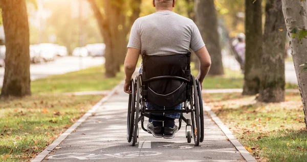 Handicapped man in wheelchair walk at the park alley — Stock Photo, Image