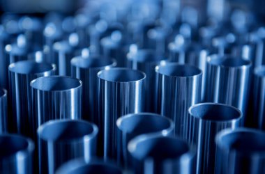 Bir paletin üzerine istiflenmiş çelik boruların soyut arkaplanı