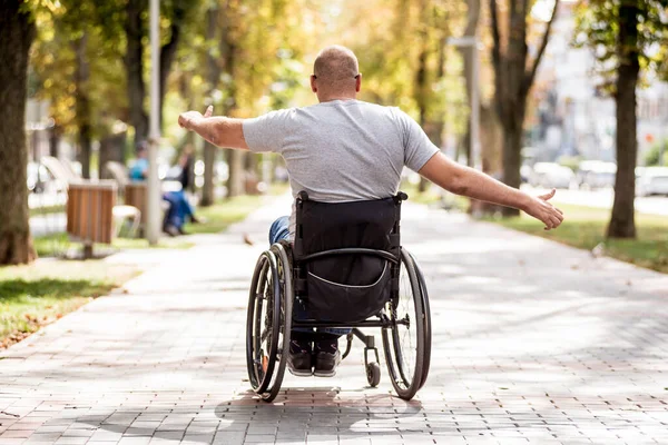 Handicapped man in wheelchair walk at the park alley