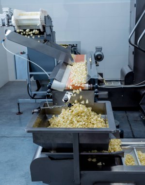 Modern bir fabrikada atıştırmalık ve cips taşıma hattı.