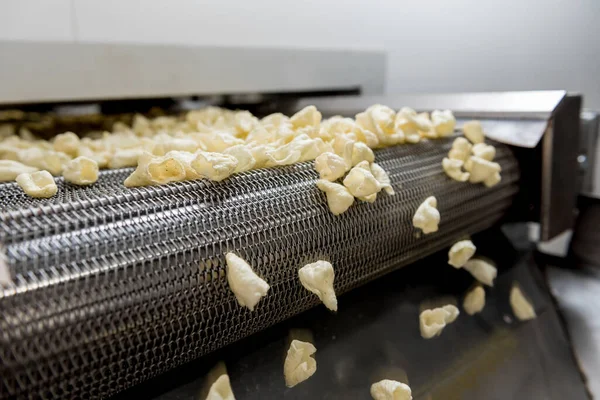 Modern bir fabrikada atıştırmalık ve cips taşıma hattı.