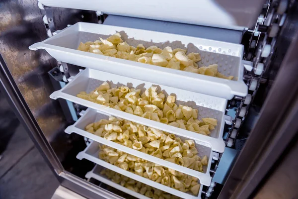 Transportlijn voor het verpakken van snacks en chips in een moderne fabriek — Stockfoto