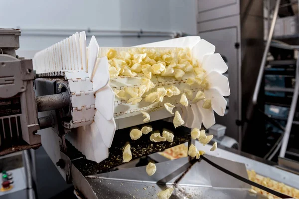 Linea di trasporto per friggere snack e patatine in una fabbrica moderna — Foto Stock