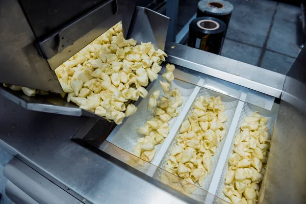 Конвеєрна лінія для упаковки закусок і чіпсів на сучасному заводі — стокове фото