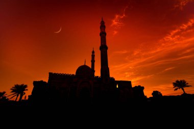 Gün batımında gökyüzü arka planında güzel büyük bir İslam camisi.