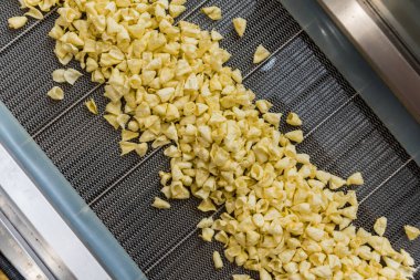 Modern bir fabrikada atıştırmalık ve cips taşıma hattı.