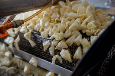 Modern bir fabrikada atıştırmalık ve cips taşıma hattı.