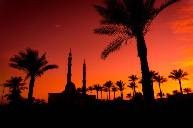 Gün batımında gökyüzü arka planında güzel büyük bir İslam camisi.