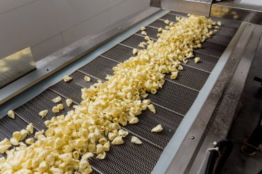 Modern bir fabrikada atıştırmalık ve cips taşıma hattı.