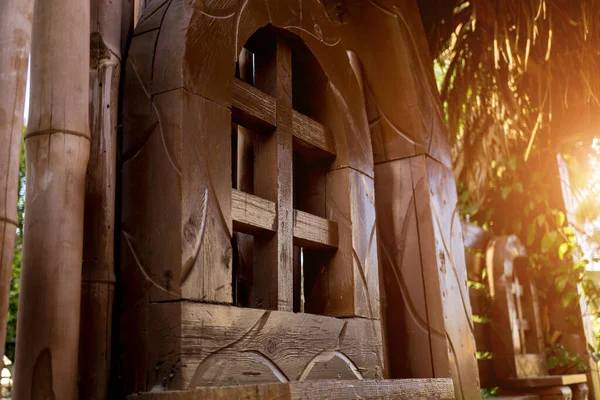 Old wooden window at the beautiful tropical garden — Stock Photo, Image